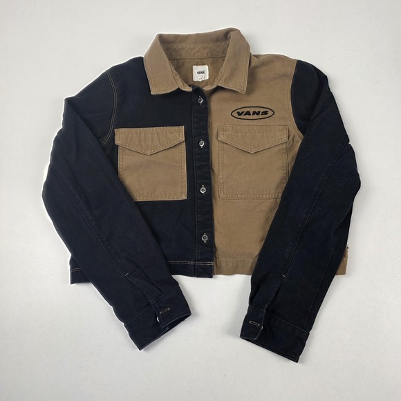 Vans Jackets & Blazers - Vans Jacket Womens Small Brown Black Colorblock Twill Button Front Cropped Logo